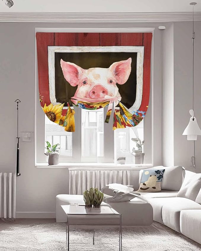 Tie Up Curtains for Windows, Pigs Sunflowers Adjustable Balloon Nature Linen Textured Kitchen Curtain, Farmhouse Red Barn Flowers Animals Decorative Tie Up Curtain for Window, 52" x 45"