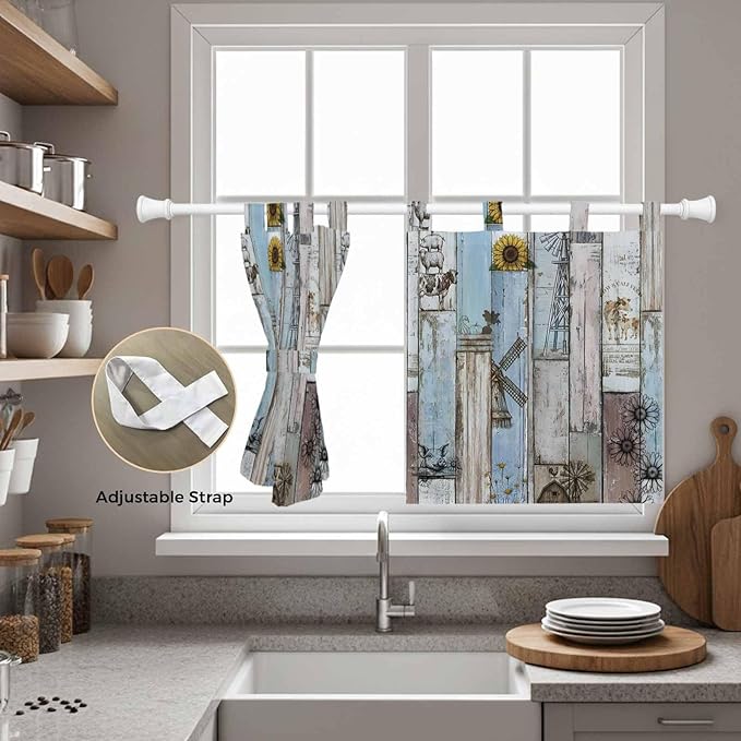 Blue Grey Wooden Kitchen Curtains 24 Inch Length, Small Window Curtains Tab Top, Farmhouse Barn Sunflowers Retro Light Filtering Short Window Treatments Tier Drapes 27.5"x24" 2 Panel