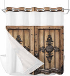 Wood Barn Door No Hook Shower Curtain with Snap in Liner Set, Waterproof Shower Curtains for Bathroom, Wooden Plank Fabric Shower Curtain, See Through Mesh Top Window, 72" W x 72" L