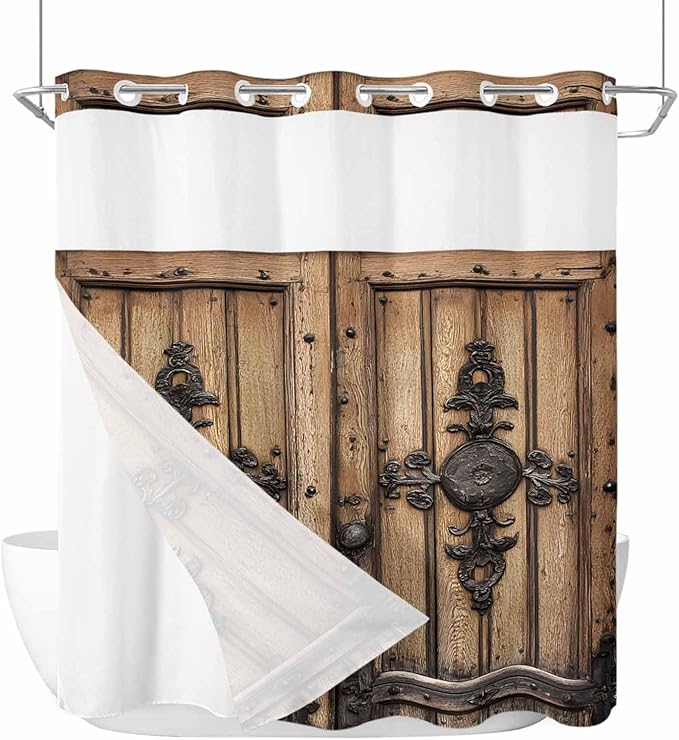 Wood Barn Door No Hook Shower Curtain with Snap in Liner Set, Waterproof Shower Curtains for Bathroom, Wooden Plank Fabric Shower Curtain, See Through Mesh Top Window, 72" W x 78" L