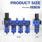 3/8 Inch NPT 4 Stage Air Drying System,Brass Filter, Coalescing Filter,Double Desiccant Dryers & Air Regulator,Metal Bowl, Semi-Auto Drain,Industrial Grade(Blue)