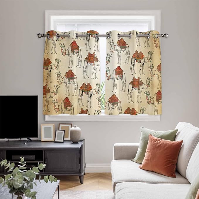 2 Panel Kitchen Cafe Curtains, Desert Sand Camel Sunlight Filtering Nature Air Through, Home Decor Window Covering Tier Curtains for Living Room 104W x 52L inch Summer Tropical Animals Vintage Beige