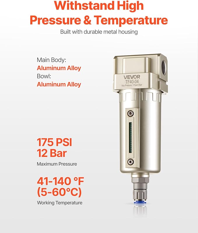 VEVOR Air Compressor Filter, 1/2" NPT Air-Dryer for Compressor with 5μm Brass Filter Element, Auto-Drain Air Compressor Water Separator 175 PSI Max Working Pressure, Aluminum Alloy Bowl