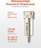 VEVOR Air Compressor Filter, 1/2" NPT Air-Dryer for Compressor with 5μm Brass Filter Element, Auto-Drain Air Compressor Water Separator 175 PSI Max Working Pressure, Aluminum Alloy Bowl