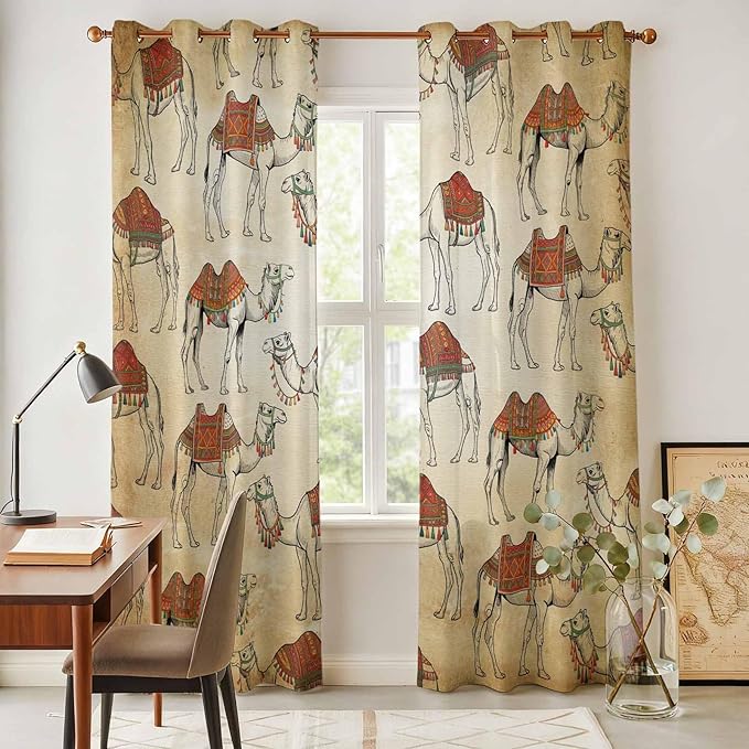 2 Panel Kitchen Cafe Curtains, Desert Sand Camel Sunlight Filtering Nature Air Through, Home Decor Window Covering Tier Curtains for Living Room 80W x 84L inch Summer Tropical Animals Vintage Beige