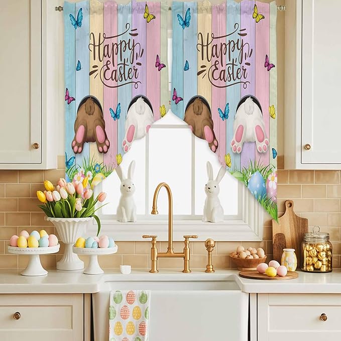 Swag Curtain Valances for Kitchen Windows,Happy Easter Rabbit Butt Egg on Daisy Leaf Short Rod Pocket Window Valance,Bufferfly on Wood Barn Swag Topper for Bedroom Living Room,2 Panels 36x45in