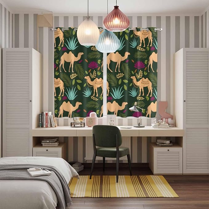 2 Panel Kitchen Cafe Curtains, Retro Desert Camel Sunlight Filtering Nature Air Through, Window Decor Tier Curtains for Living Room 104W x 84L inch Tropical Animal Aloe Vera Leaves Dark Green