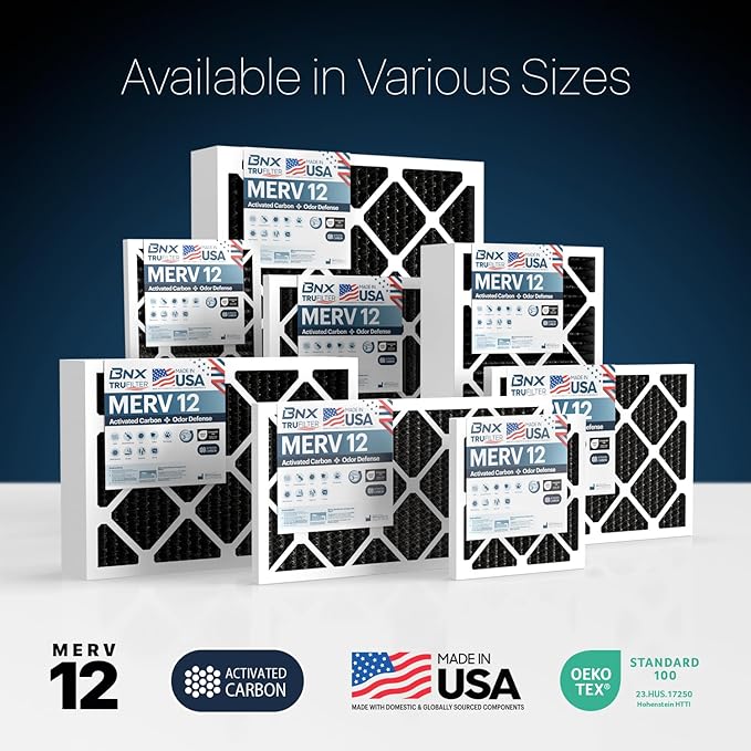 BNX TruFilter 18x24x1 MERV 12 Odor Defense (4-Pack) AC Furnace Air Filter with Activated Carbon - MADE IN USA - Pleated Air Conditioner HVAC AC Furnace Filters - Removes Odor, Mold, Bacteria, Smoke