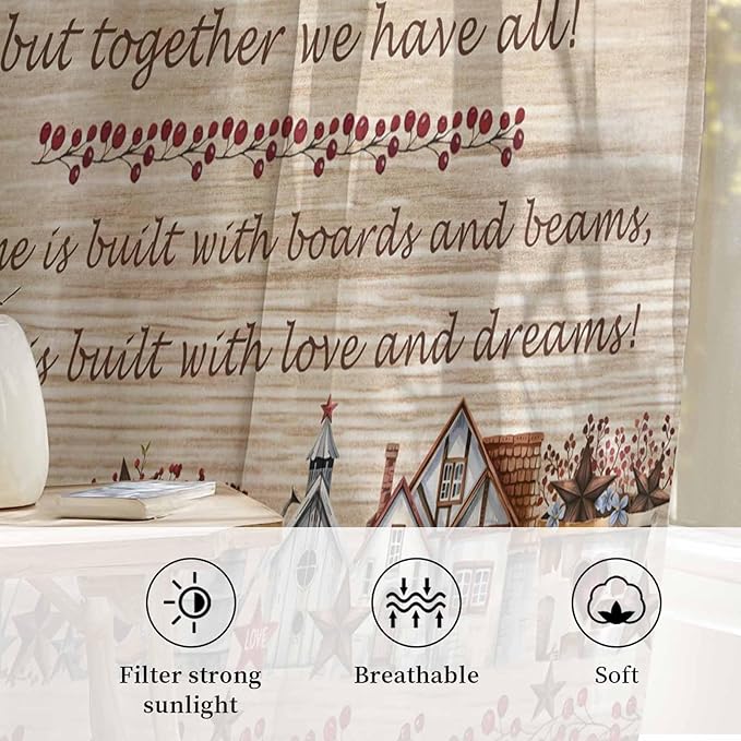 Farmhouse Sheer Curtains 96 Inch Length Brown Country Star Berry Vintage Wood Grain Chiffon Curtain for Bedroom Living Room Light Filtering Rod Pocket Window Treatments Voile Curtains Drapes