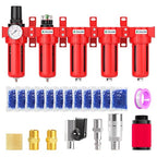 TAILONZ PNEUMATIC 0-150PSI 1/2 Inch NPT Red Industrial Grade 5 Stage Air Drying System, Particulate Filter, Coalescing Filter, Three Desiccant Dryer and Air Regulator (Manual Drainage)