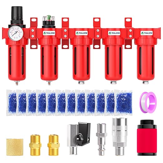 TAILONZ PNEUMATIC 0-150PSI 1/4 Inch NPT Red Industrial Grade 5 Stage Air Drying System, Particulate Filter, Coalescing Filter, Three Desiccant Dryer and Air Regulator (Manual Drainage)