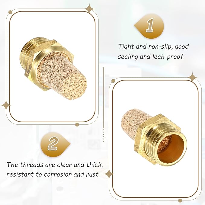 MECCANIXITY 3PCS Pneumatic Exhaust Muffler, g 1/4" Thread Male Sintered Bronze Muffler Brass Air Line Fittings for Pneumatic Tools and Industrial Machinery