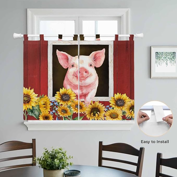 Pigs Sunflowers Kitchen Curtains 45 Inch Length, Short Cafe Window Curtains Tab Top, Farmhouse Red Barn Flowers Animals Light Filtering Window Treatments Tier Drapes 27.5"x45" 2 Panel