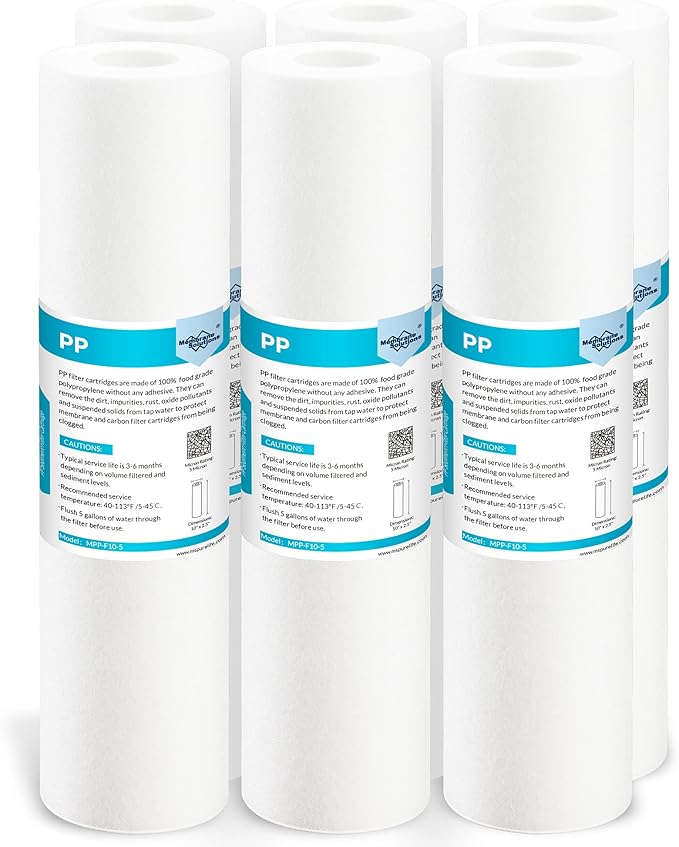 Membrane Solutions 5 Micron 10" x 2.5" Sediment Water Filter Replacement Cartridge for Any Water Filter 10 x 2.5 inch Whole House RO System, Compatible with GE FXUSC, AP110, WHKF-GD05-6 Pack