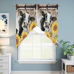 Retro Farmhouse Flower Swag Valances for Windows, Yellow Sunflowers Cow Barn Doors Brown Rod Pocket Kitchen Curtains Valance, Kitchen Window Curtains Swag for Cafe Living Room, 2 Panels, 36x63 inch