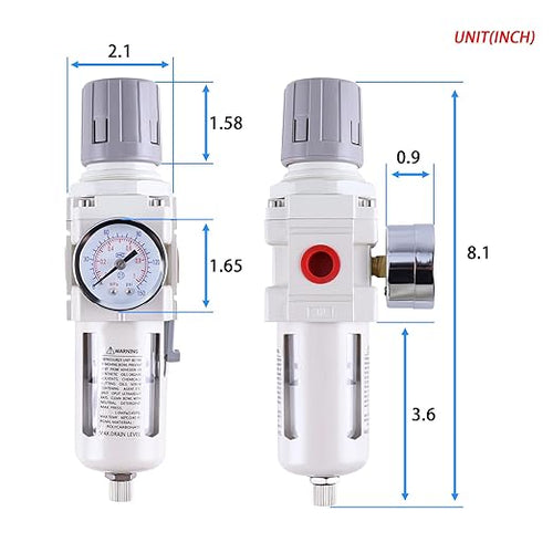 3/8 Inch NPT Air Filter Regulator Combo Piggyback AW3000-03, Air Compressor Water Separator, Air Line Dryer, Semi-Auto Drain, Air Pressure Regulator, 0-150 PSI Gauge