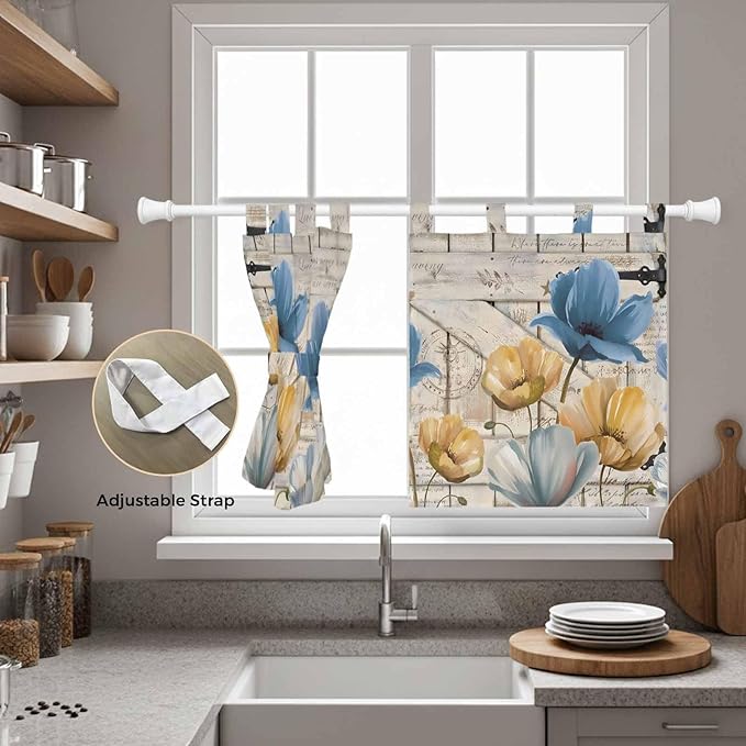Blue Yellow Tulips Kitchen Curtains 36 Inch Length, Small Window Curtains Tab Top, Retro Farmhouse Flower Barn Doors Wooden Light Filtering Short Window Treatments Tier Drapes 27.5"x36" 2 Panel