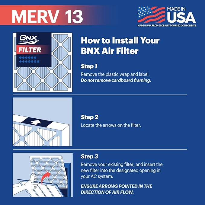 BNX TruFilter 14x25x1 Air Filter MERV 13 (4-Pack) - MADE IN USA - Electrostatic Pleated Air Conditioner HVAC AC Furnace Filters for Allergies, Pollen, Mold, Bacteria, Smoke, Allergen, MPR 1900 FPR 10