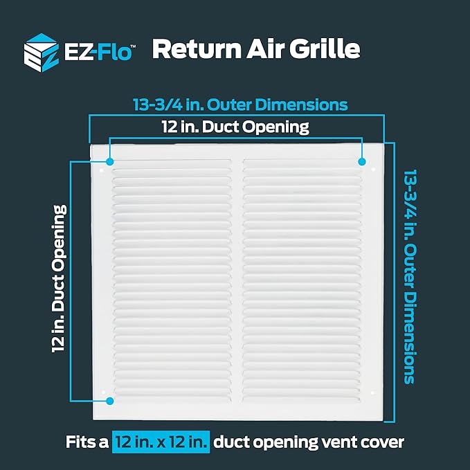 EZ-FLO 12 x 12 Inch (Duct Opening) Return Air Vent Cover for Wall or Ceiling, Solid Steel Return Air Grille, HVAC Vent Cover, White, 61627