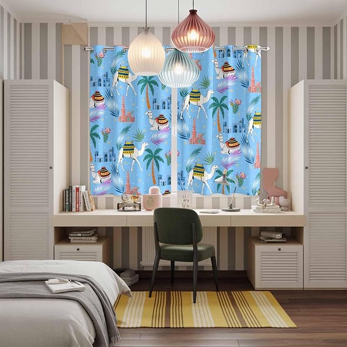 2 Panel Kitchen Cafe Curtains, Desert Landscape Sunlight Filtering Nature Air Through, Window Decor Tier Curtains for Living Room 104W x 84L inch Cute Camels Palm Trees Houses Leaves Blue