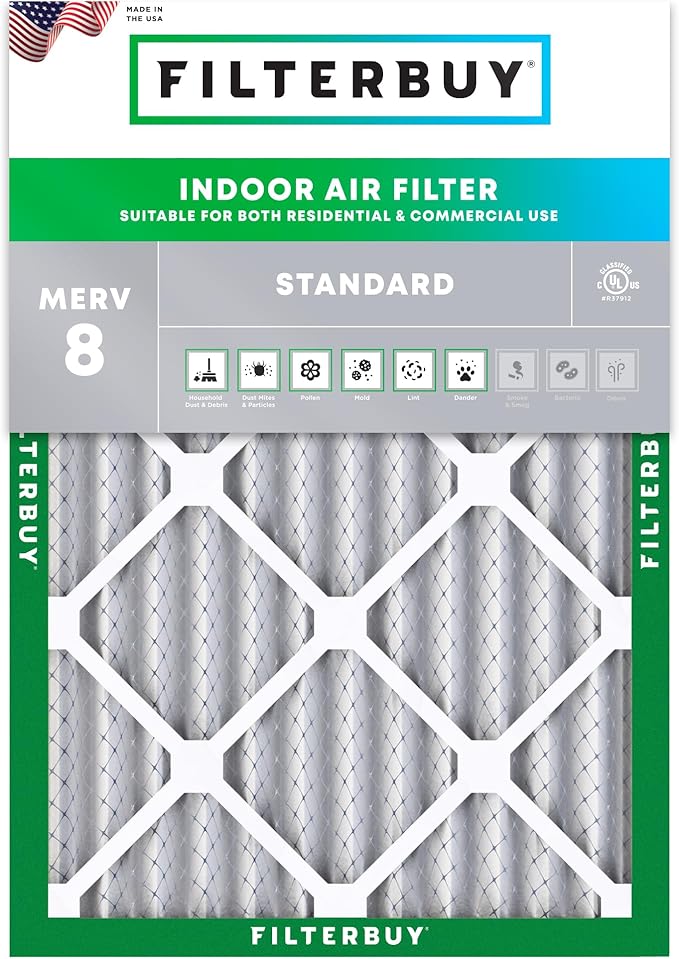 Filterbuy 10x16x2 Air Filter MERV 8 Essential Dust & Allergy Defense (1-Pack), Electrostatic Pleated HVAC AC Furnace Filters Replacement, Made in USA (Actual Size: 9.50 x 15.50 x 1.75)