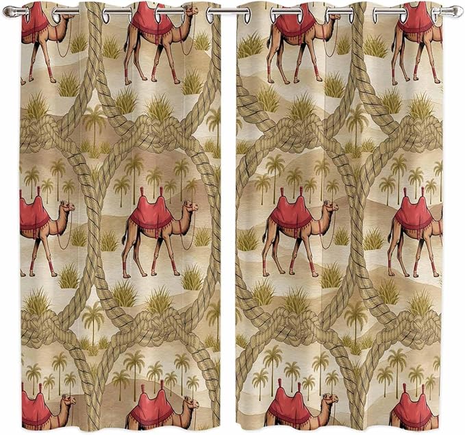 2 Panel Kitchen Cafe Curtains, Desert Camels Sunlight Filtering Nature Air Through, Home Decor Window Covering Tier Curtains for Living Room 80W x 63L inch Tropical Palm Trees Sand Cords Brown