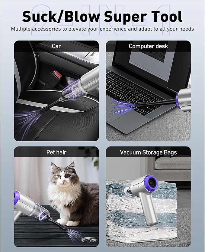 Handheld Car Vacuum Cleaner Cordless with Brushless Motor, 21000PA High Power Mini Air Duster, 7 in 1 Keyboard Portable Vacuum Cleaner Dual Filters for Car, Home, Office, Pet