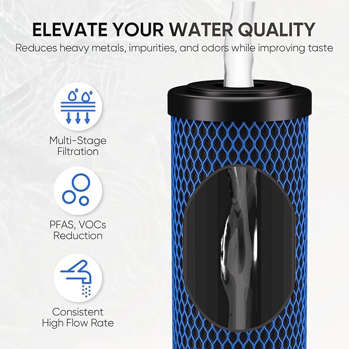 PUREPLUS 5 Micron 20" x 2.5" Whole House PFAS Removal Replacement Water Filter, Coconut Shell Activated Carbon Filter, Compatible with C1-20, EP-20, HX-CB-25-2010, F3WCB32,2PACK