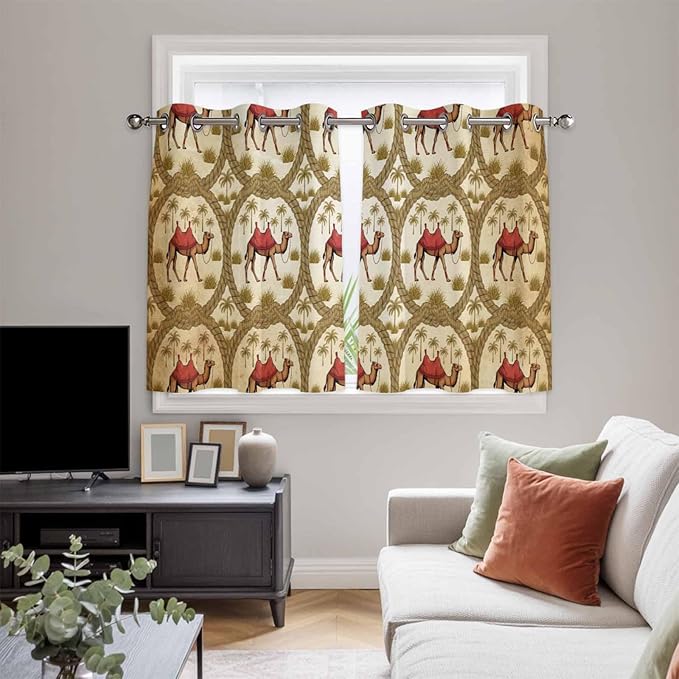 2 Panel Kitchen Cafe Curtains, Brown Desert Camels Sunlight Filtering Nature Air Through, Window Decor Tier Curtains for Living Room 104W x 52L inch Tropical Date Coconut Trees Cords Leaves
