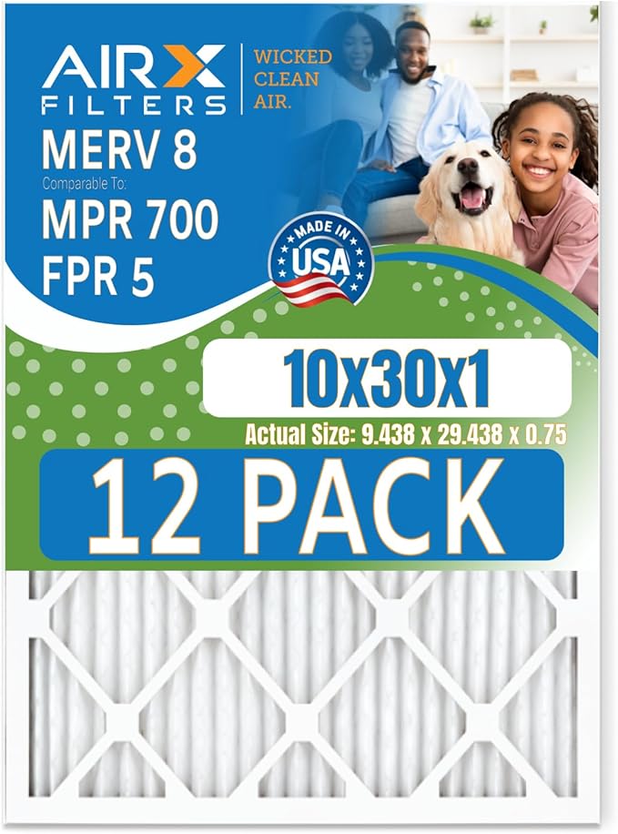 10x30x1 Air Filter MERV 8 Rating, 12 Pack of Furnace Filters Comparable to MPR 700 & FPR 5 - Made in USA by AIRX FILTERS WICKED CLEAN AIR.
