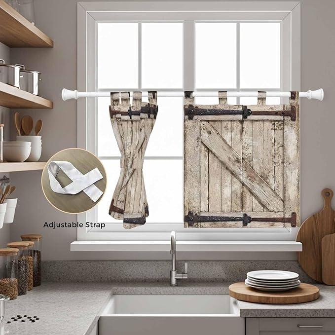 Farmhouse Wood Grain Kitchen Curtains 24 Inch Length, Small Window Curtains Tab Top, Vintage Country Barn Gate Brown Light Filtering Short Window Treatments Tier Drapes 27.5"x24" 2 Panel