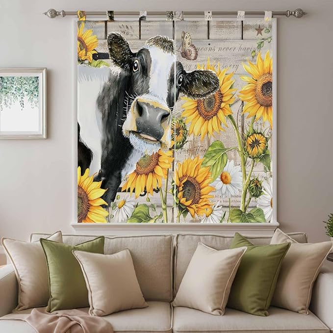 Yellow Sunflowers Living Room Curtains 84 Inch Length, Window Curtains Tab Top, Farmhouse Cow Barn Doors Floral Butterfly Light Filtering Window Treatments Drapes 42"x84" 2 Panel
