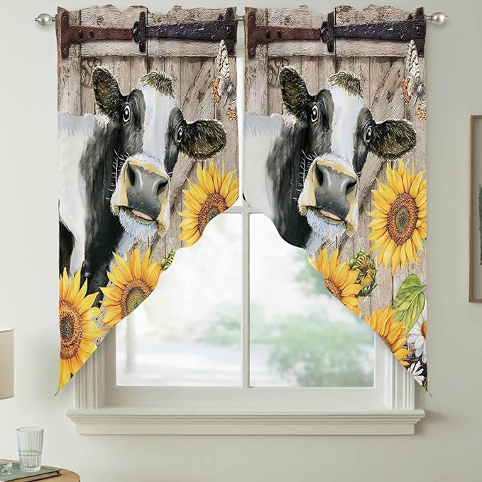 Retro Farmhouse Flower Swag Valances for Windows, Yellow Sunflowers Cow Barn Doors Brown Rod Pocket Kitchen Curtains Valance, Kitchen Window Curtains Swag for Cafe Living Room, 2 Panels, 36x45 inch