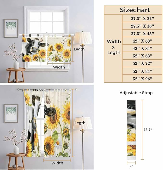 Yellow Sunflowers Living Room Curtains 96 Inch Length, Window Curtains Tab Top, Country Cow Flower Butterfly Farmhouse Cream Light Filtering Window Treatments Drapes 52"x96" 2 Panel