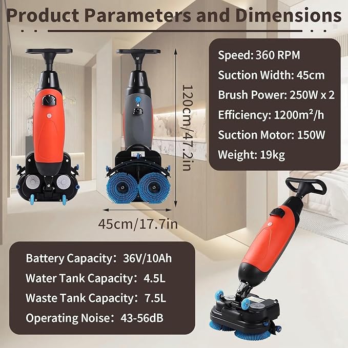 Rechargeable Floor Cleaner and Wet Dry Floor Machine, 17" Commercial Floor Scrubber, Dual-Brush Heads, Cordless Electric Floor Mop Cleaning Capacity 13000 Sqft/H, for Villa Hospital Office Gray