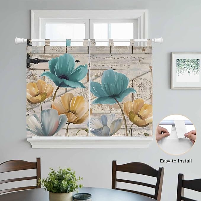 Watercolor Flowers Kitchen Curtains 45 Inch Length, Short Cafe Window Curtains Tab Top, Vintage Tulips Floral Barn Doors Wood Grain Light Filtering Window Treatments Tier Drapes 27.5"x45" 2 Panel