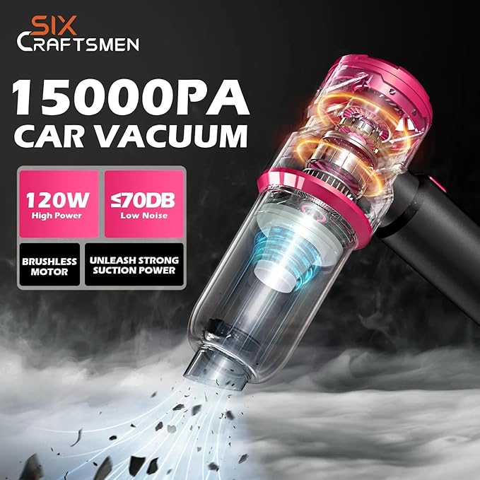 Handheld Car Vacuum with 15000PA Power, 4 in 1 Powerful Cordless Vacuum Cleaner & Air Duster with 2000mAh Battery, Rechargeable Portable Mini Hand Held Vacuum for Car, Home,Office,Pet Hair（Pink）