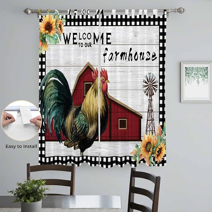 Farmhouse Rooster Living Room Curtains 84 Inch Length, Window Curtains Tab Top, Rustic Red Barn Windmill Sunflowers Light Filtering Window Treatments Drapes 52"x84" 2 Panel