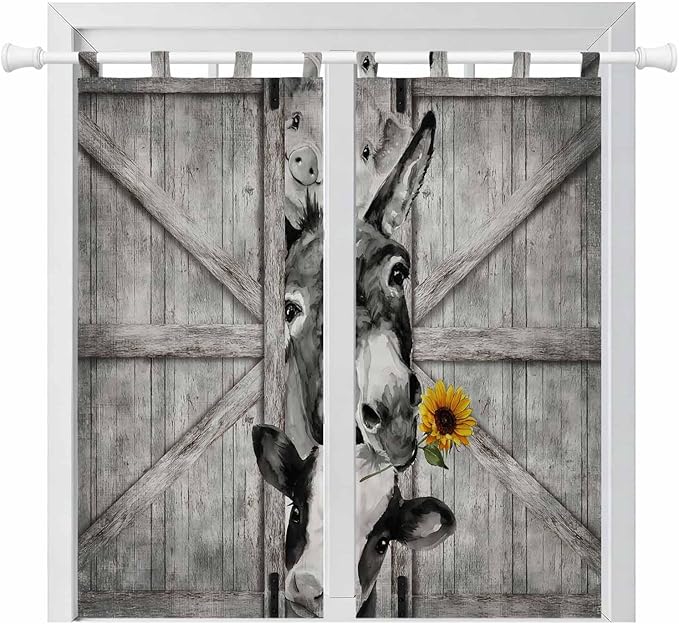 Funny Farm Animals Bathroom Curtains 63 Inch Length, Window Curtains Tab Top, Vintage Barn Grey Sunflowers Light Filtering Window Treatments Drapes 52"x63" 2 Panel