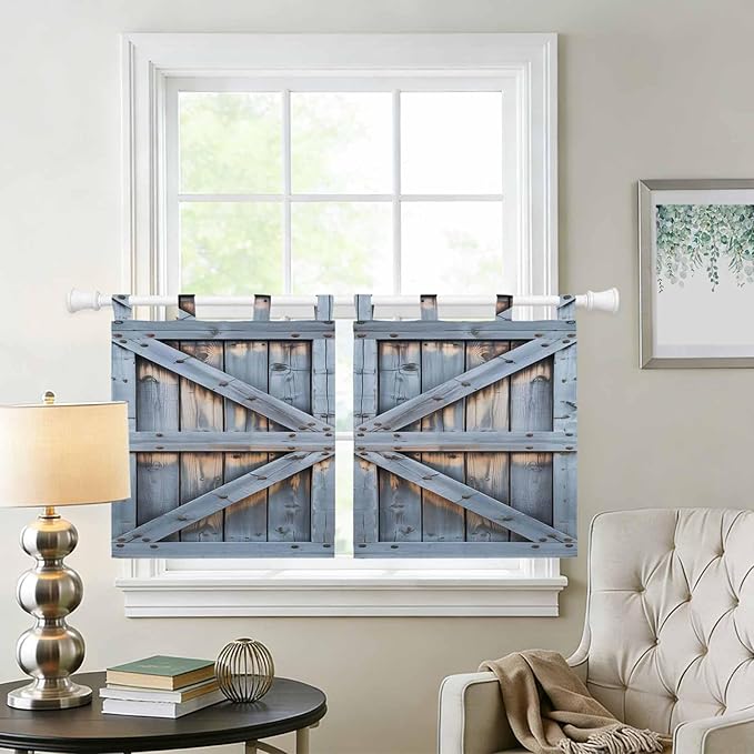 Farmhouse Wood Grain Kitchen Curtains 24 Inch Length, Small Window Curtains Tab Top, Vintage Country Barn Gate Textured Light Filtering Short Window Treatments Tier Drapes 27.5"x24" 2 Panel