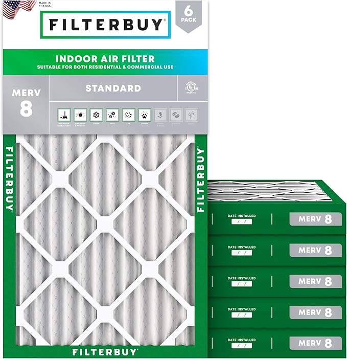 Filterbuy 8x30x2 Air Filter MERV 8 Essential Dust & Allergy Defense (6-Pack), Electrostatic Pleated HVAC AC Furnace Filters Replacement, Made in USA (Actual Size: 7.50 x 29.50 x 1.75)