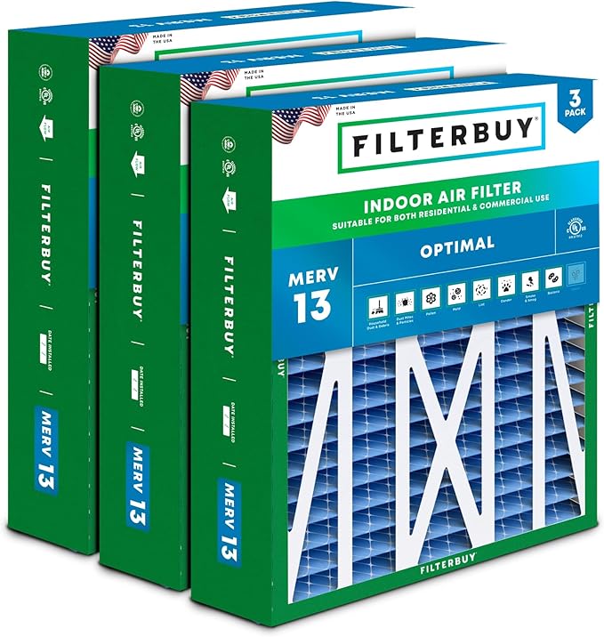 Filterbuy 20x23x5 Air Filter MERV 13 Optimal Smoke & Allergy Defense (3-Pack), Pleated HVAC AC Furnace Filters for Bryant, Carrier, BDP, Day & Night, and Payne (Actual Size: 19.81 x 22.56 x 4.25)