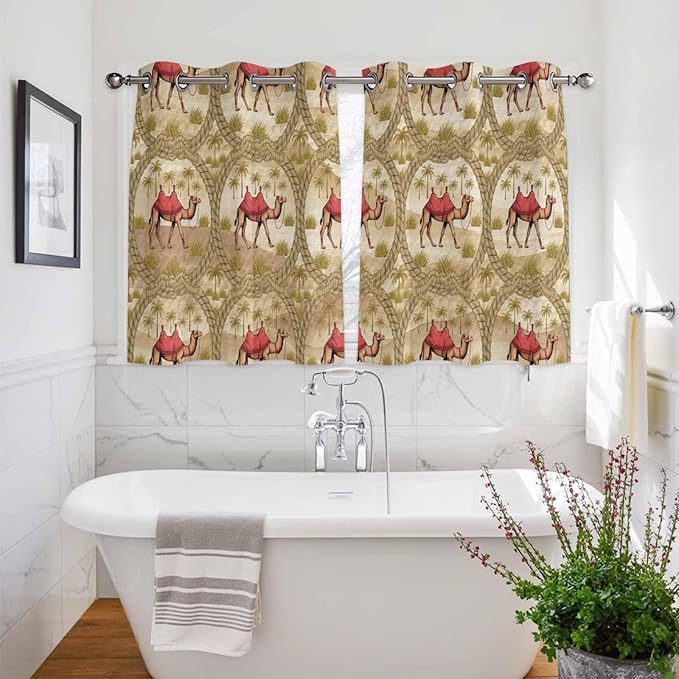 2 Panel Kitchen Cafe Curtains, Desert Camels Sunlight Filtering Nature Air Through, Home Decor Window Covering Tier Curtains for Living Room 104W x 52L inch Tropical Palm Trees Sand Cords Brown