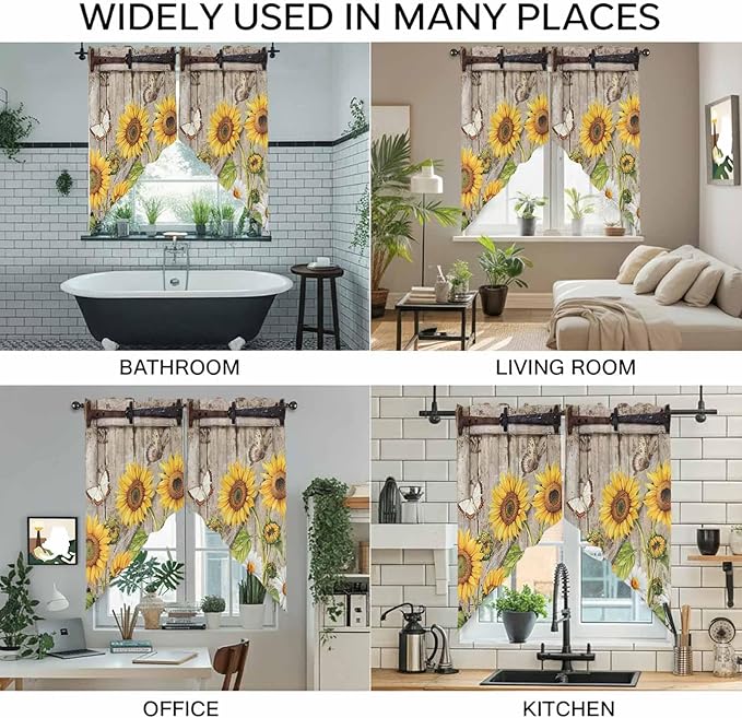 Farmhouse Sunflowers Swag Valances for Windows, Rustic Barn Doors Flowers Butterfly Wooden Rod Pocket Kitchen Curtains Valance, Small Window Curtains Swag for Cafe Living Room, 2 Panels, 28x36 inch