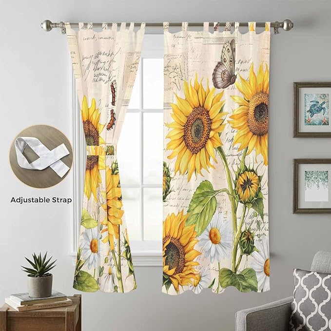 Yellow Sunflowers Living Room Curtains 84 Inch Length, Window Curtains Tab Top, Country Farm Butterfly Flower Light Beige Light Filtering Window Treatments Drapes 52"x84" 2 Panel
