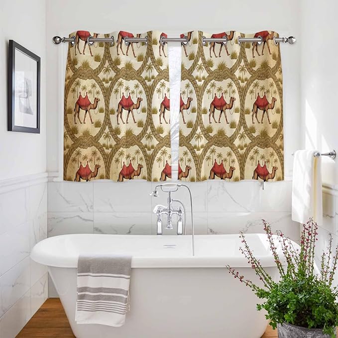 2 Panel Kitchen Cafe Curtains, Brown Desert Camels Sunlight Filtering Nature Air Through, Window Decor Tier Curtains for Living Room 104W x 52L inch Tropical Date Coconut Trees Cords Leaves