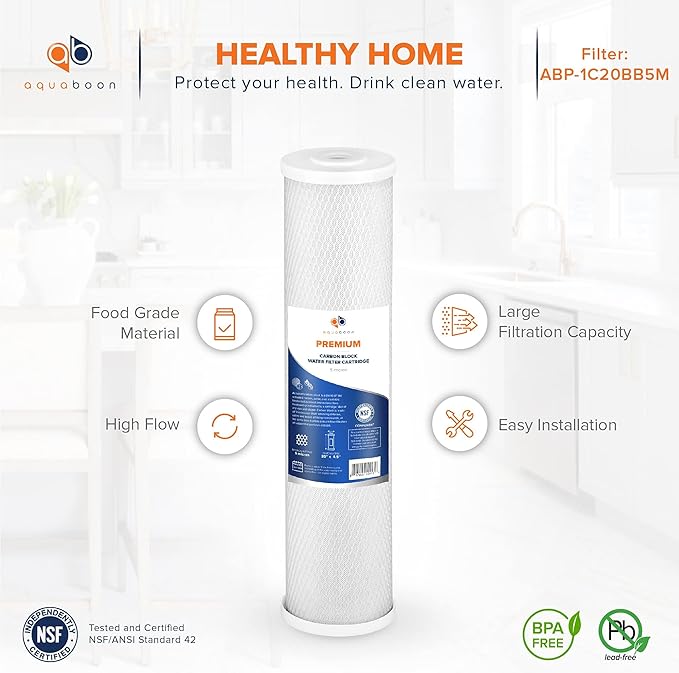 Aquaboon 5 Micron 20 x 4.5 Sediment, Iron & Manganese, CTO Whole House Water Filters Replacement Cartridges Set for 3-Stage Water Filter System 2 Pack