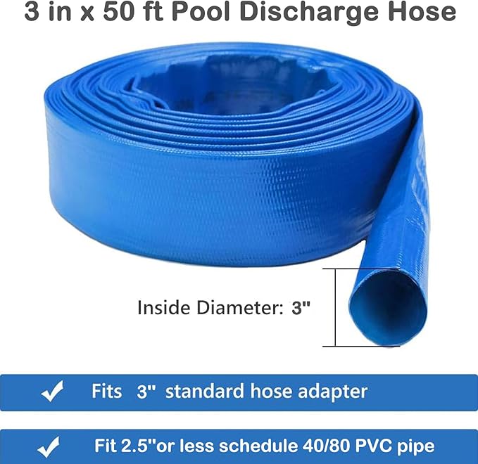 Eastran 3”Diameter x 50ft Blue Backwash Hose for Swimming Pools, 5 inch Width When Pool Hose Lay-Flat,Heavy Duty Discharge Hose Reinforced Pool Drain Hose,Draining Hoses Ideal for Water Transferring