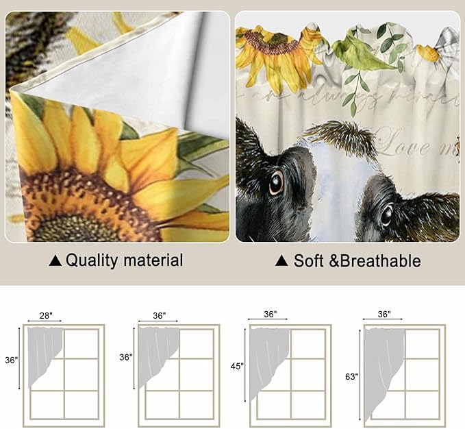 Yellow Sunflowers Swag Valances for Windows, Country Cow Flower Butterfly Farmhouse Cream Rod Pocket Kitchen Curtains Valance, Kitchen Window Curtains Swag for Cafe Living Room, 2 Panels, 36x63 inch
