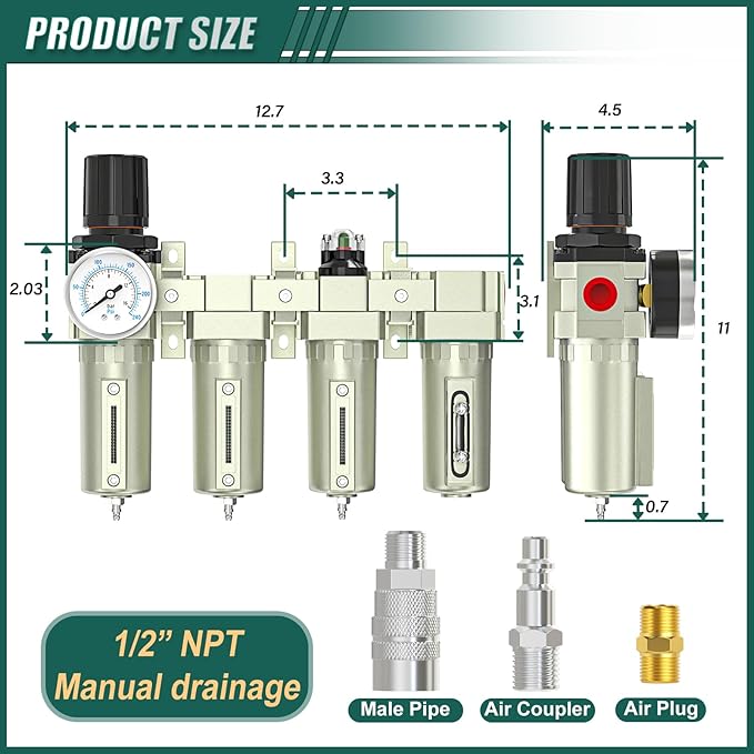 Industrial Grade 4-Stage Air Drying System, 1/2" Npt With Manual Drain, Desiccant Dryer, Air Regulator, Particulate Filter And Coalescing Filter For Paint Spray, Plasma Cutter
